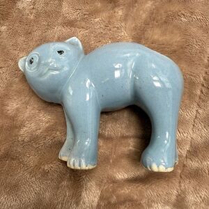 Old Cat Planter 4” Black Eyes Surprised Scarred Vintage Ached Back MCM MIJ Blue